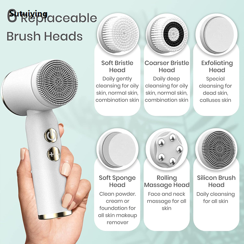 Sutuiying LED Waterproof Electric Sonic Facial Exfoliating Cleanser Silicone Bargain price Facial Cleansing Brush With 6 Replaceable Face Brush