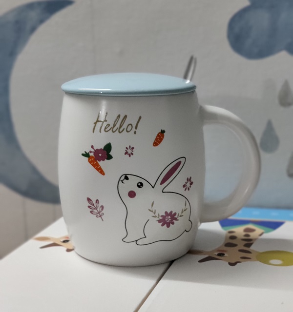 Cute Hello Rabbit Cartoon Cup Coffee Milk Cup Breakfast Cup House Cup Gift Ceramic Cup with lid Spoon, Valentine's Day Gift
