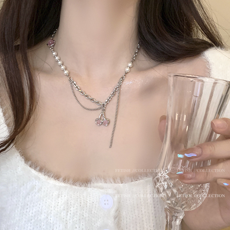Sale】Pearl Metal Stitching Pendant Necklace Women Ins Sweet Cool Style Spice Girls Earrings Clavicle Chain