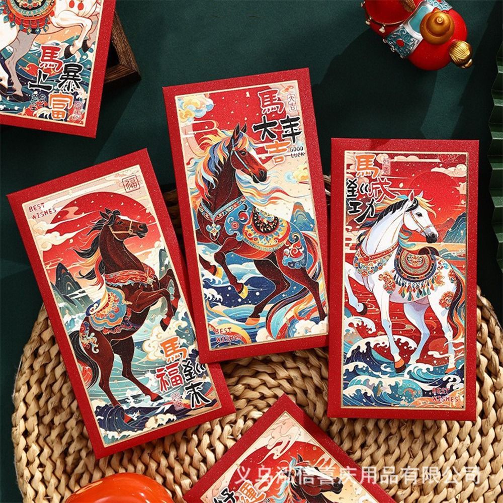 6PCS Cute Paper Horse Year Red Envelope Cartoon New Year Money Bag Bless Words Hongbao Birthday Gift