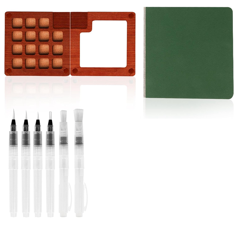 Mini Portable Watercolor Paint Set Travel Paint Palette Wooden Grid Paint Box, Pocket Watercolor Sketchbook Paper Pad