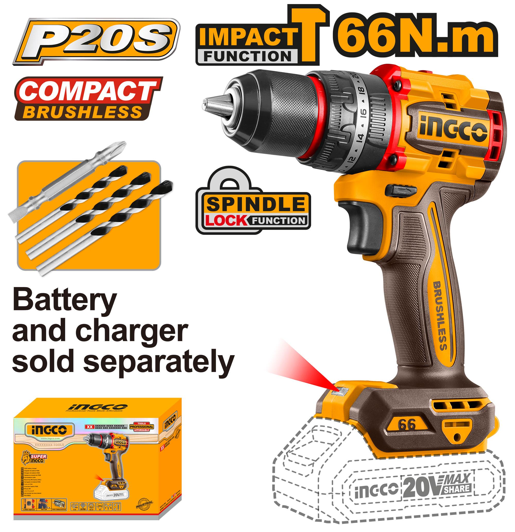 INGCO 20V Compact Impact Drill 66NM (Note: Battery Not Included)