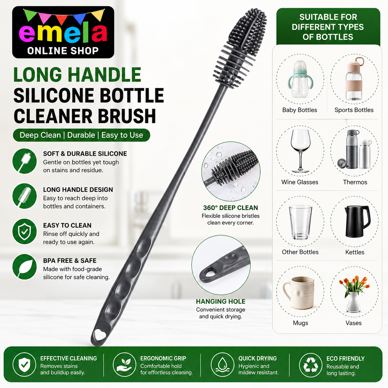 Silicone Bottle Cleaning Brush - Long Handle, Flexible & Hygienic