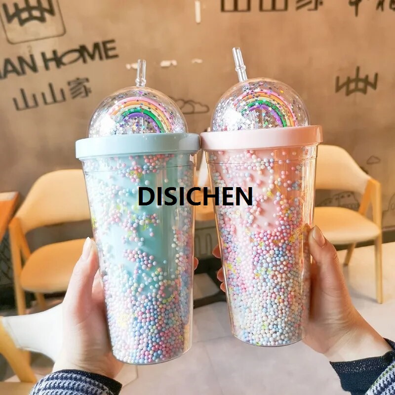 Difutagui Original Cartoon Cute Rainbow Cup with Straw Double Plastic BPA Free Woman Girl Water Bottle for Juice Milk Coffee 500ml Drinking Tumbler