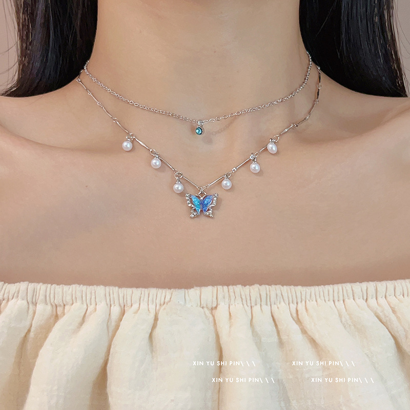 【Mega Sale】Pearl Butterfly Pendant Necklace Female Niche Design Sweet Cool Spice Girl Style Light Luxury Double Layer Collarbone