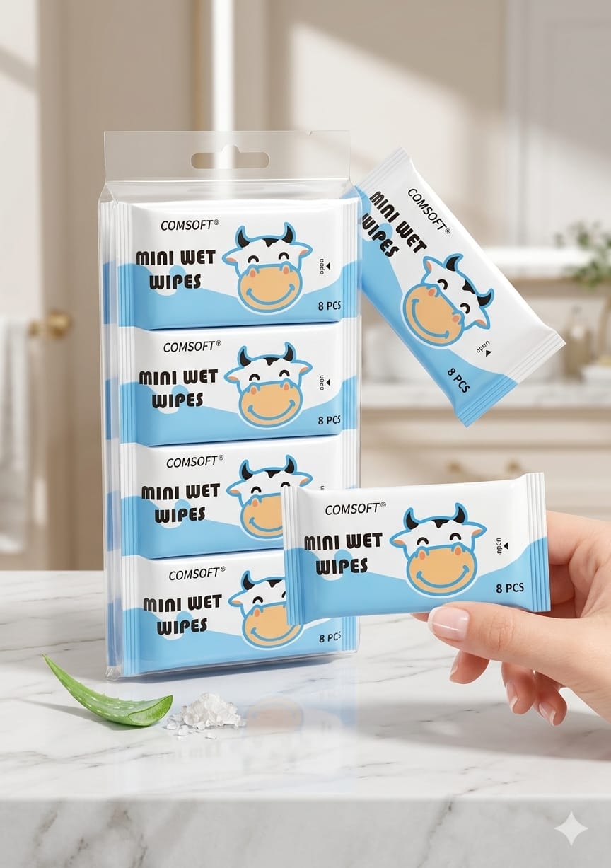 Mini Portable Wet Wipes, Cute Animal Design, 8 Pieces per Pack, Travel Size
