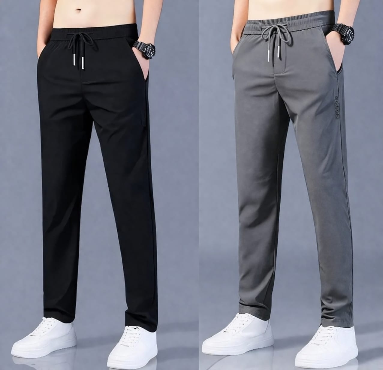 (Pack of 2) gray and black stretchable wrinkle trouser for men’s