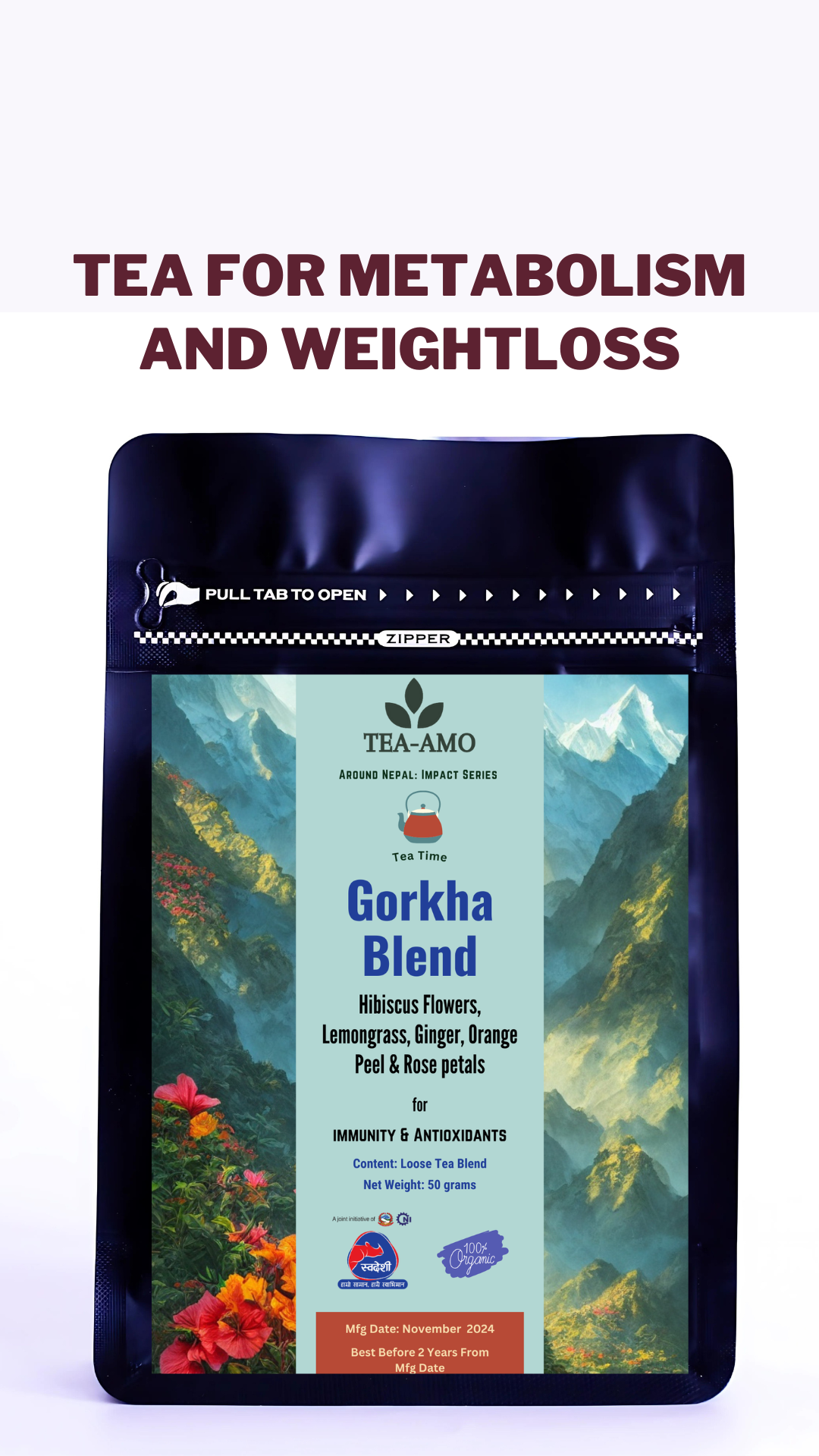 Weight Loss Tea : Hibiscus, Lemongrass, Ginger, Orange Tea | Slim Tea | Caffeine free Gorkha Blend tea by Tea Amo Nepal - 50 grams