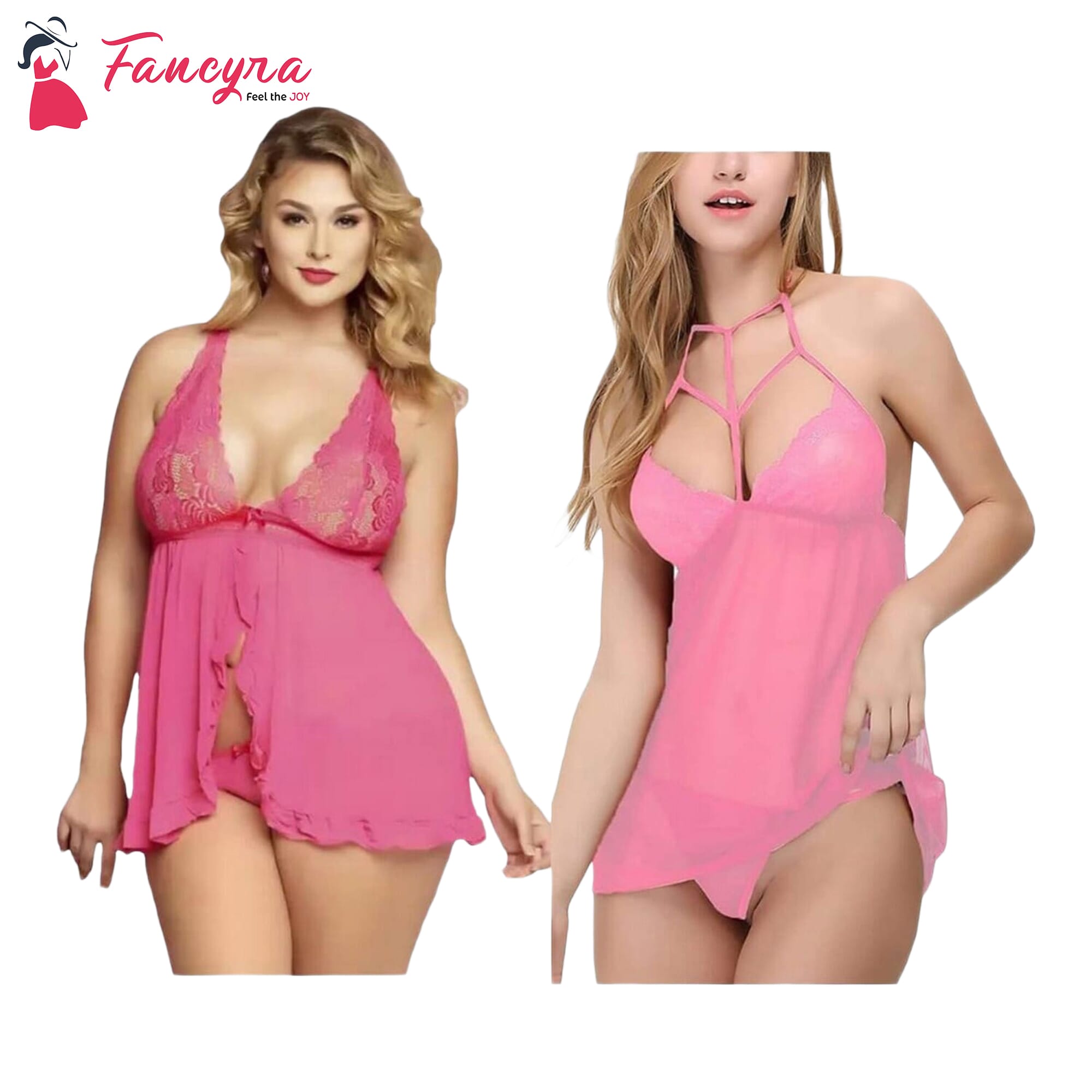 Fancyra Combo Set Of Women Polyester Nightwear Babydoll Dress With G String Panty Free Size Pink Color