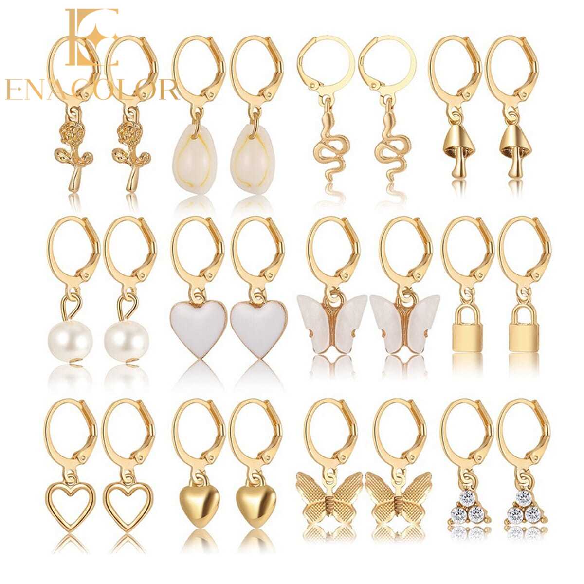 Enacolor 12Pairs/Set Elegant Female Love Lock SnakeButterfly Mushroom Earrings Set for Women Jewelry
