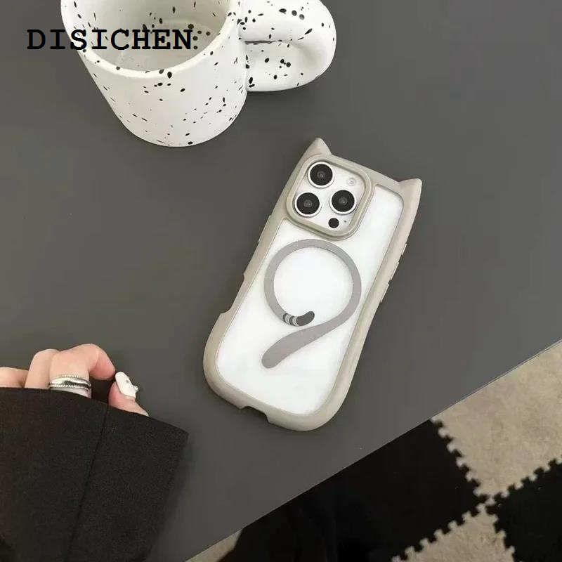 DISICHEN 2025 New 3D Cat Ear Cute Lanyard Magnetic Transparent Case For iPhone 16 15 14 13 12 ProMax Plus 13 Mini 11 Wristband Clear Magsafe Cover