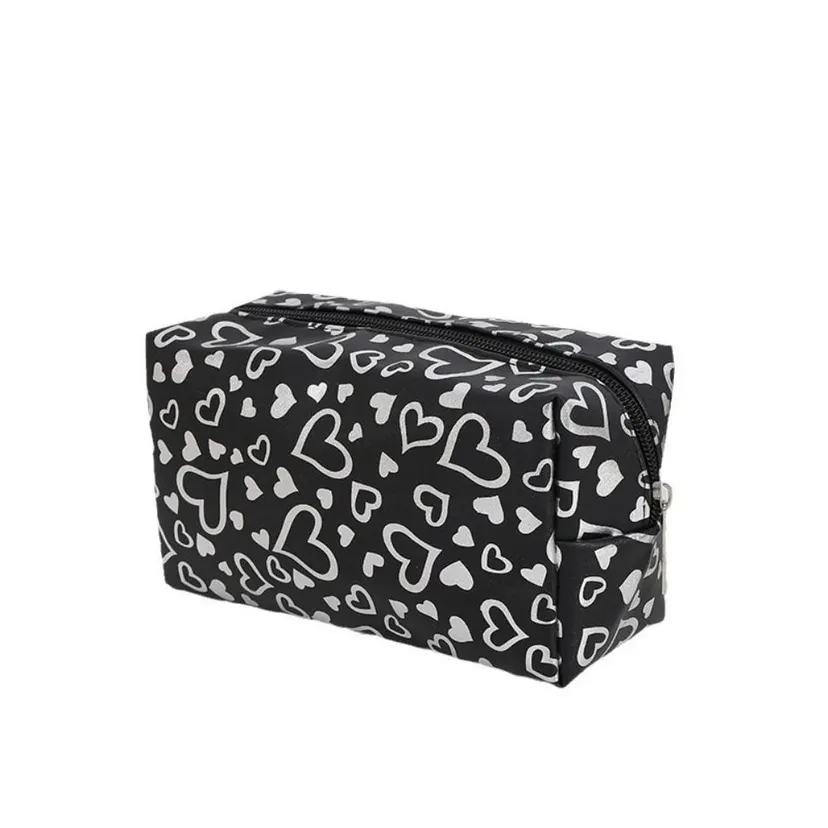 INS PU Leather Makeup Bag Heart Pattern Portable Washbag Large Capacity Toiletry Organizer Girls&Women