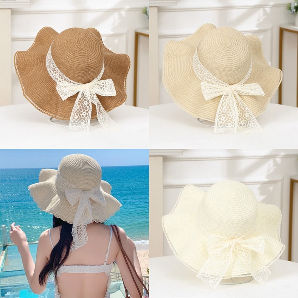 New Straw Sun Hat UV Protection Wide Brim Beach Hat Bow Ribbons Portable Straw Cap Travel