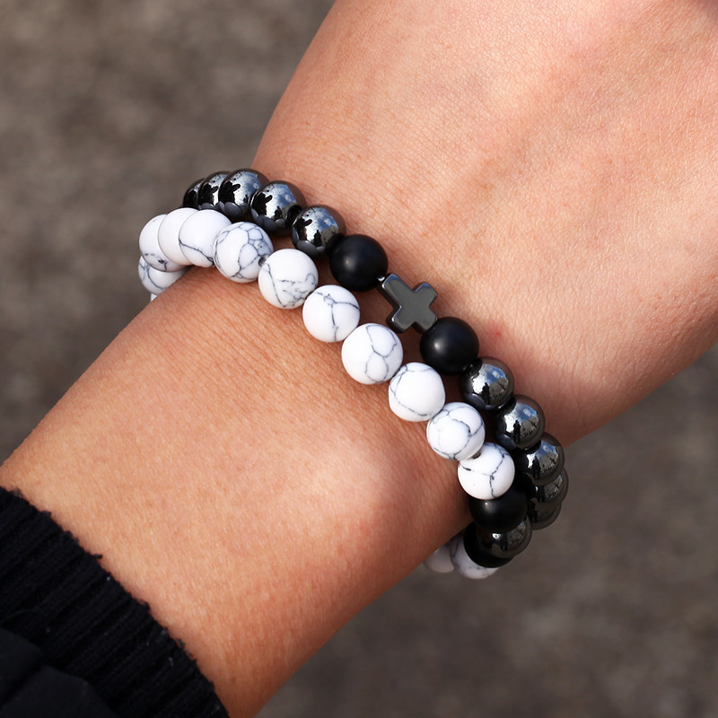【Hottest Trends】Wish White Pine Black Frosted Black Iron Stone Bracelet Cross Elastic Two-piece Bracelet Men's Bracelet