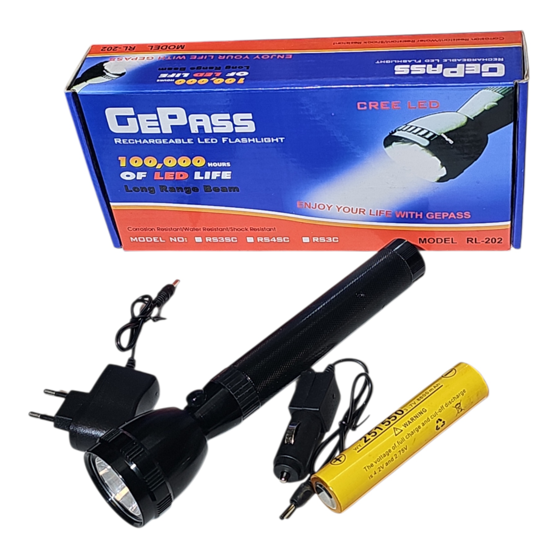 GEPASS Rechargeable LED Flashlight Torch - High Power CREE LED, Long Range Beam, Emergency Search Light with Battery & Charger - Shophill
