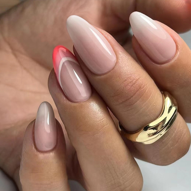 Rose pink color blocking fresh and gentle girl nail art European and American ins style sweet girl fresh and versatile wearable nail nail pieces 24 pieces