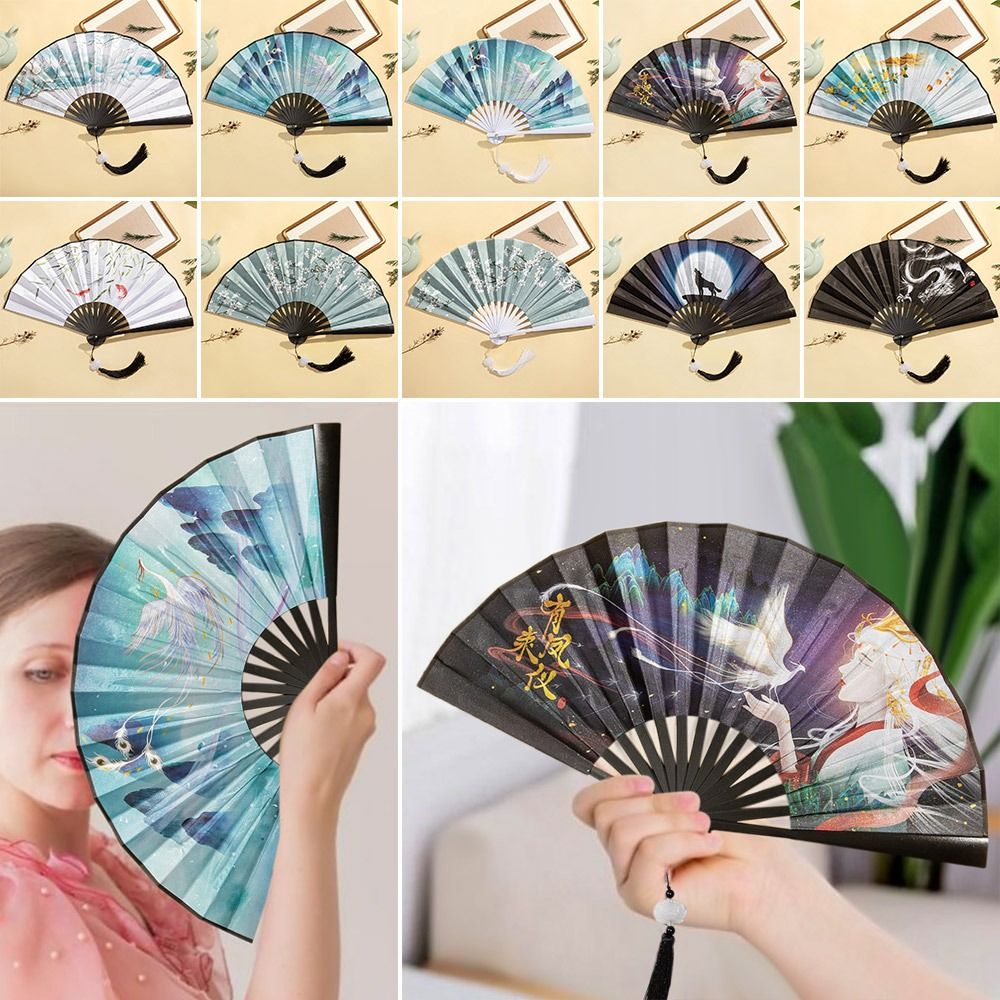 High Quality Silk Vintage Folding Fan Colorful Tassel Elegent Hand Fan Bamboo Hand Fan Shank Classical Dance Fan Female