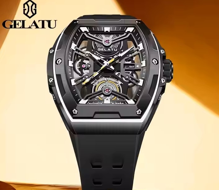 Gelatu 6012 Fashion Men Watches Top Brand Luxury Mechanical Sports Tonneau Design Montre Homme Silicone Automatic Skeleton Watch