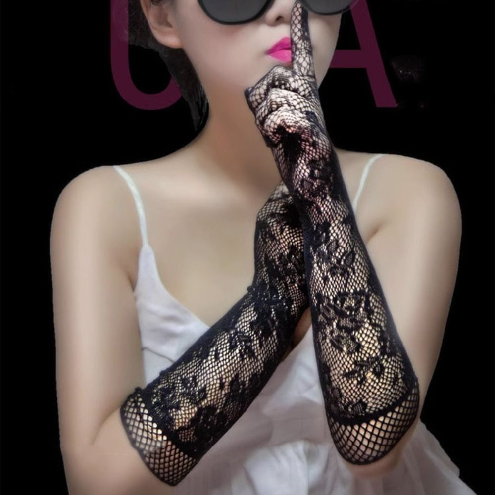 Fashion Fishnet Lace Flower Gloves Thin Sun Protection Mesh Hollow Gloves Five Finger Elastic Sunscrean Long Gloves Ladies/Girls