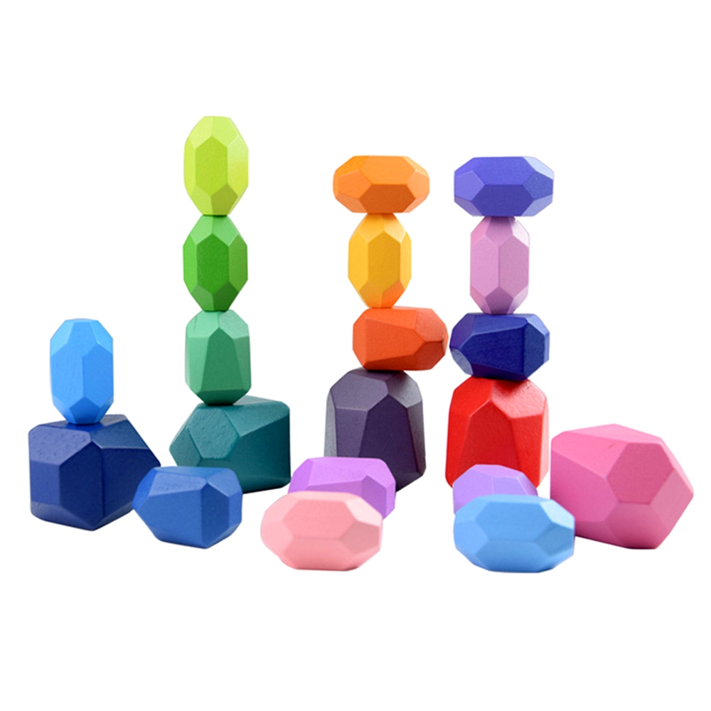 (GGBR) Children Wooden Colored Stone Blocks Building Block Educational Toy Nordic Style Stacking Block Game Rainbow Wooden Toy