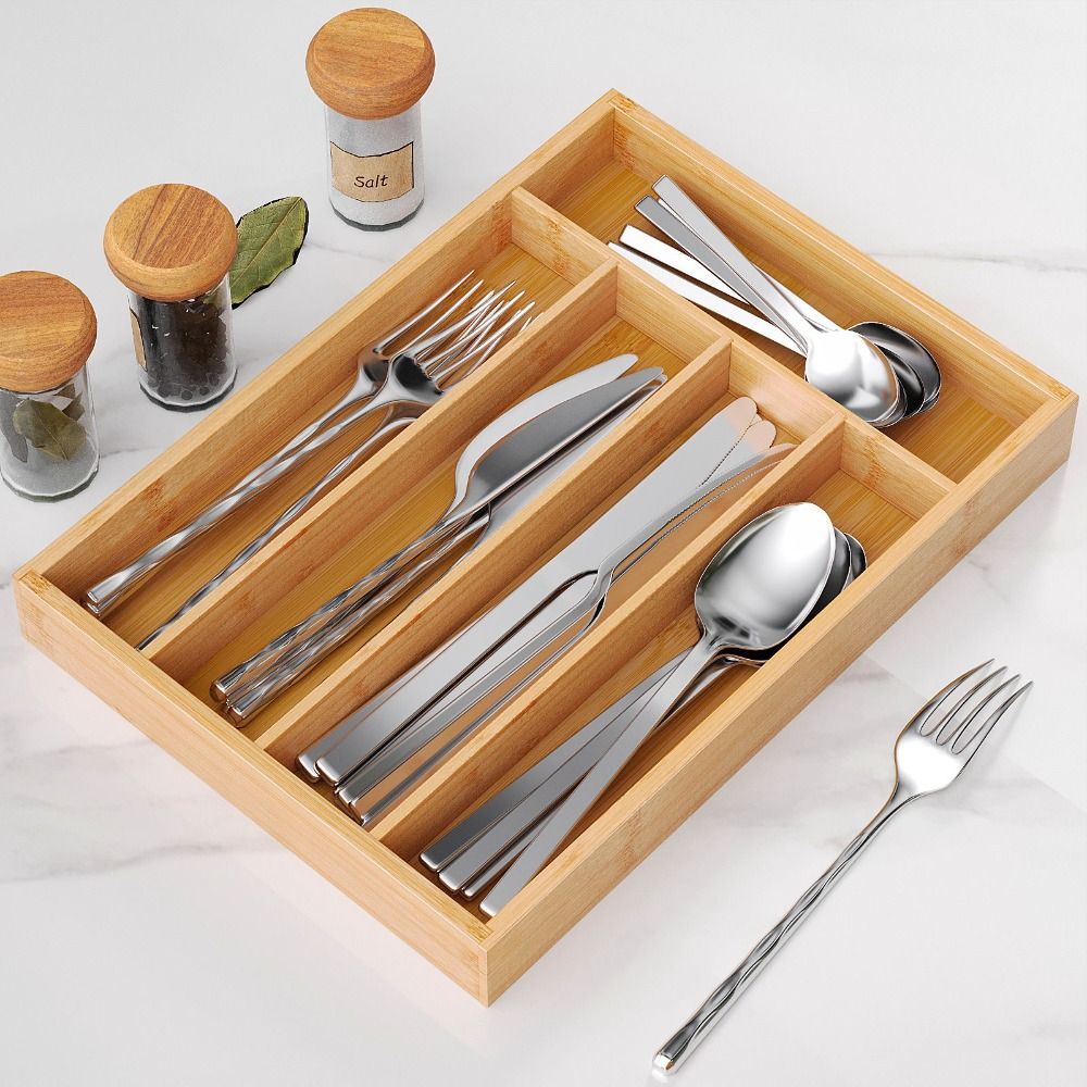 Stylish Five-Grid Design Bamboo Silverware Organizer Simple Western Style Kitchen Drawer Organizer Elegant Multi-purpose Bamboo Storage Box Kitchen Use