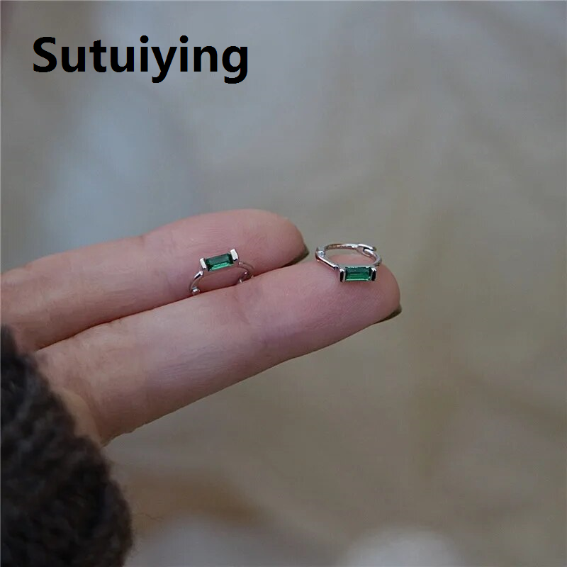 Sutuiying QMCOCO Korean INS Style Silver Color Simple Green Zircon Earrings Vintage Fashion Chic Earrings Hoop For Women Jewelry Gifts