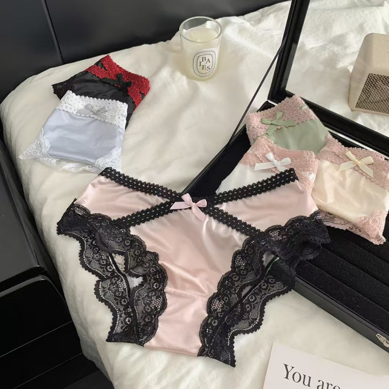 French Lace Panties Women's Pure Cotton Crotch Antibacterial 2024 New Satin Lace Women's Girl Triangle Panties