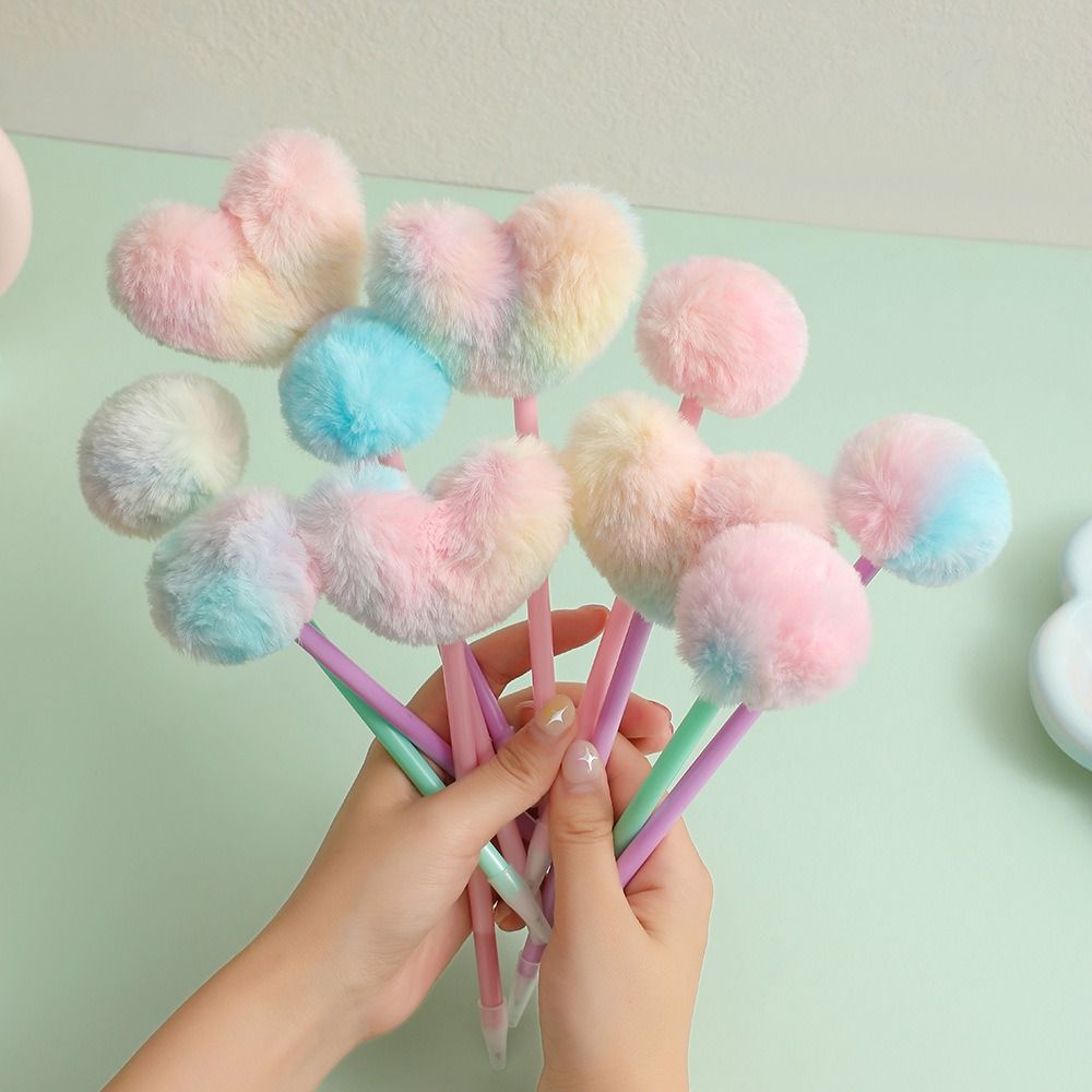 High Quality 0.5mm Black Ink Gel Pen With Plush Ball Painting Supplies Neutral Pen Round/Heart Shaped Ball Writing Tools Students Gift