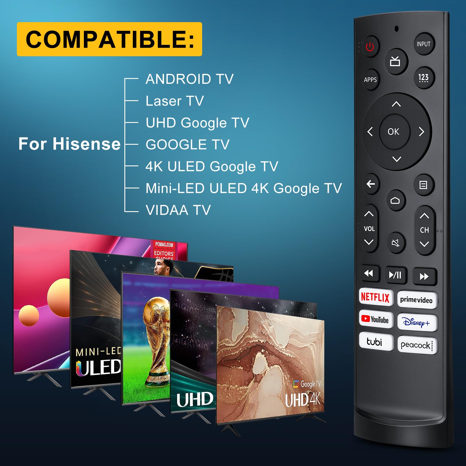 Portable Replacement Remote Control for Hisense Android/Laser/VIDAA TVs, ERF3A90 for Hisense UHD 4K ULED Google TVs