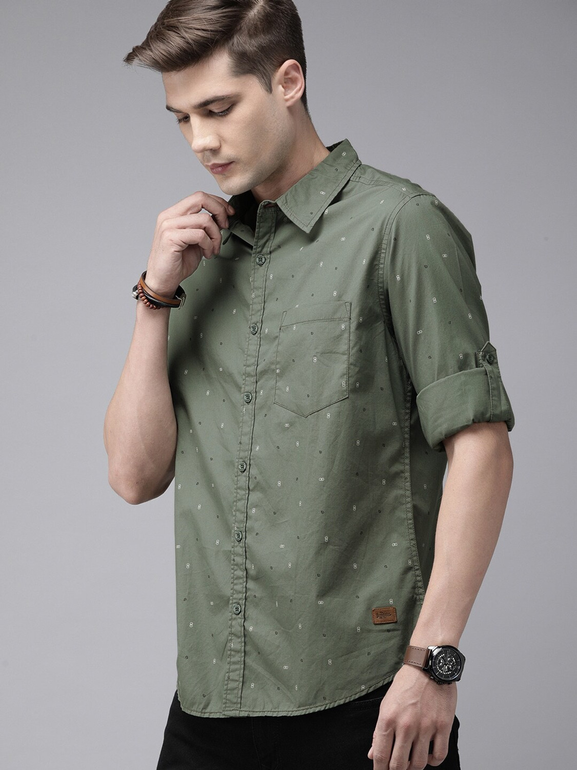 Fabdale Pure Cotton Ditsy Print Spread Collar Casual Shirt | Olive Green Style (ROAD-012)