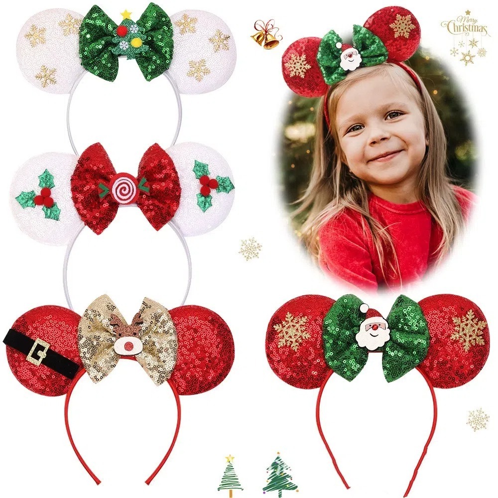 Cute Sequin Christmas Headband Xmas Tree DIY Mouse Ears Headband Soft Bow Hairband New Year