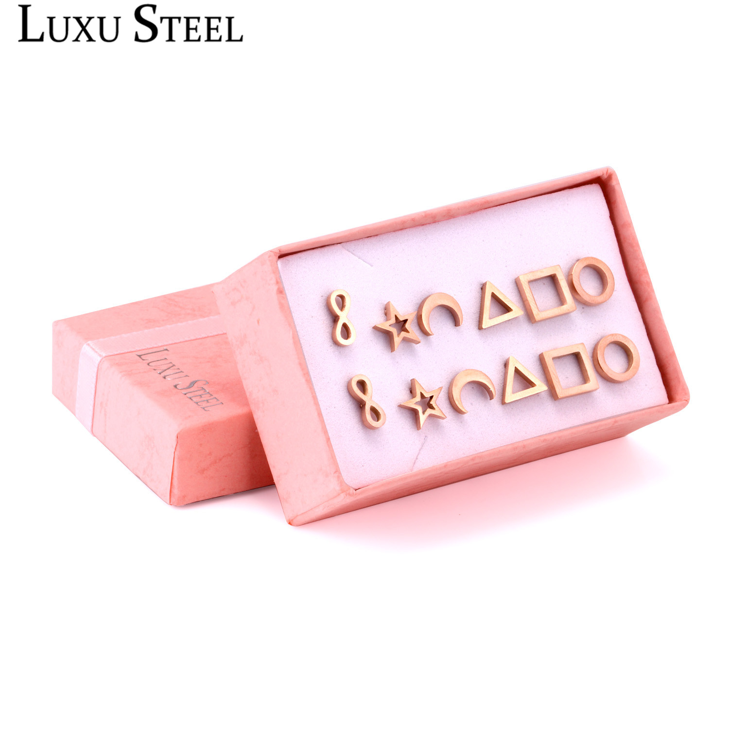 【Happy LifeStore】Geometry Rose Gold Stud Earrings Brinco Steel Round/Triangle/Moon/Star/Square/ Infinity Sets