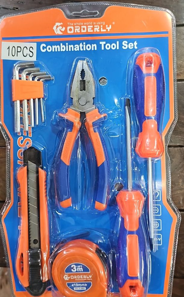 NFI essentials 10 Pcs, Basic Hand Tools Kit for Household DIY & Emergency Repair Compact & Portable Set of Measuring Tape, Screwdriver, Cutter, plier, 5 Allen Key Set