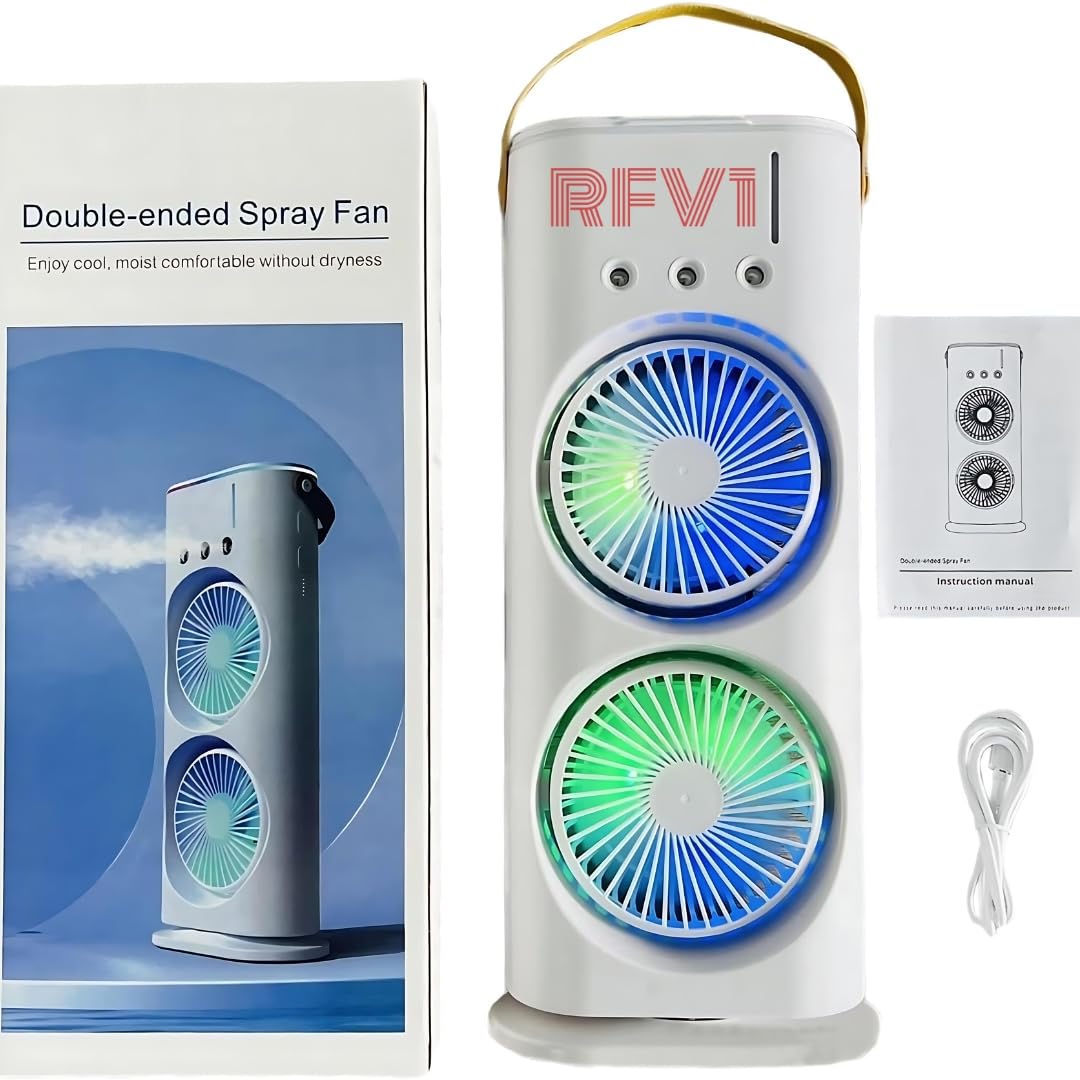 Evaporative Air Cooler, Rechargeable Double-Ended Spray Fan Personal Air Cooler (90° Rotate) With Dual Fans (180°Rotate),Air Cooling Portable Misting Fan For Your Desk, Nightstand, Office, Home And Kitchen