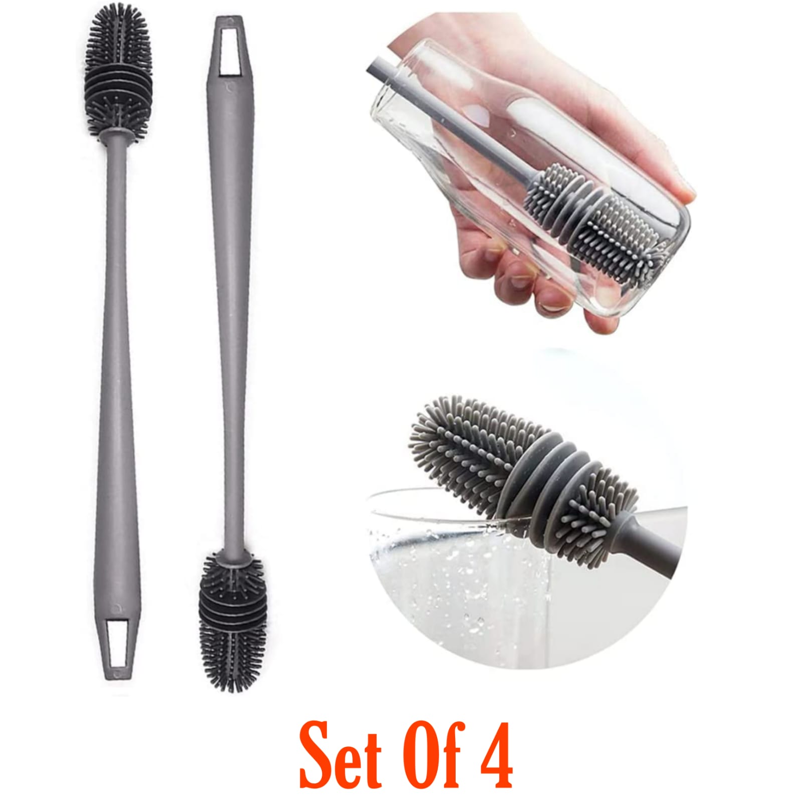 Long Handle Silicone Bottle Cleaning Brush - Set Of 4