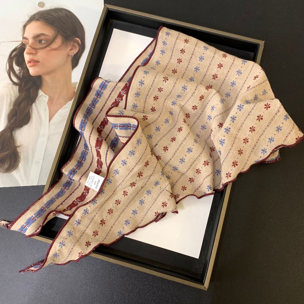 Elegant Sweet Snow Flower Scarves Stripe Print Bandanas Shawl Headband Soft Headkerchief Cotton Linen Headscarf Vacation