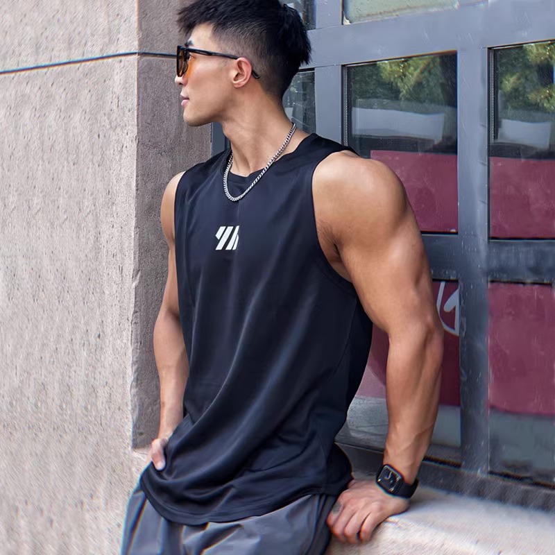 Sleeveless mesh crew neck summer new trend men's pullover leggings sports fitness top vest quick dry