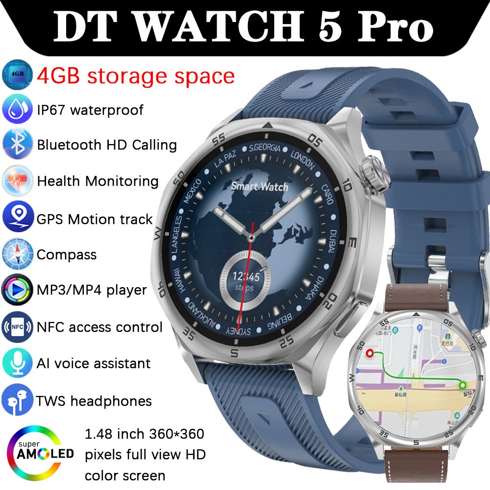 Linman NEW DT Watch 5 Pro Men 4GB Memory Offline MP3/MP4 Player NFC AccLuxury ess Control Compass Sport Mode TWS Headset Connection SmartWatch