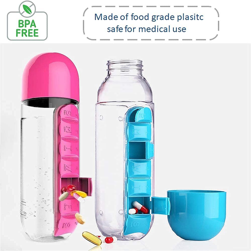 2 in 1 Portable Water Bottle 600ML with 7 Days Pill Box Organizer Planner Box
