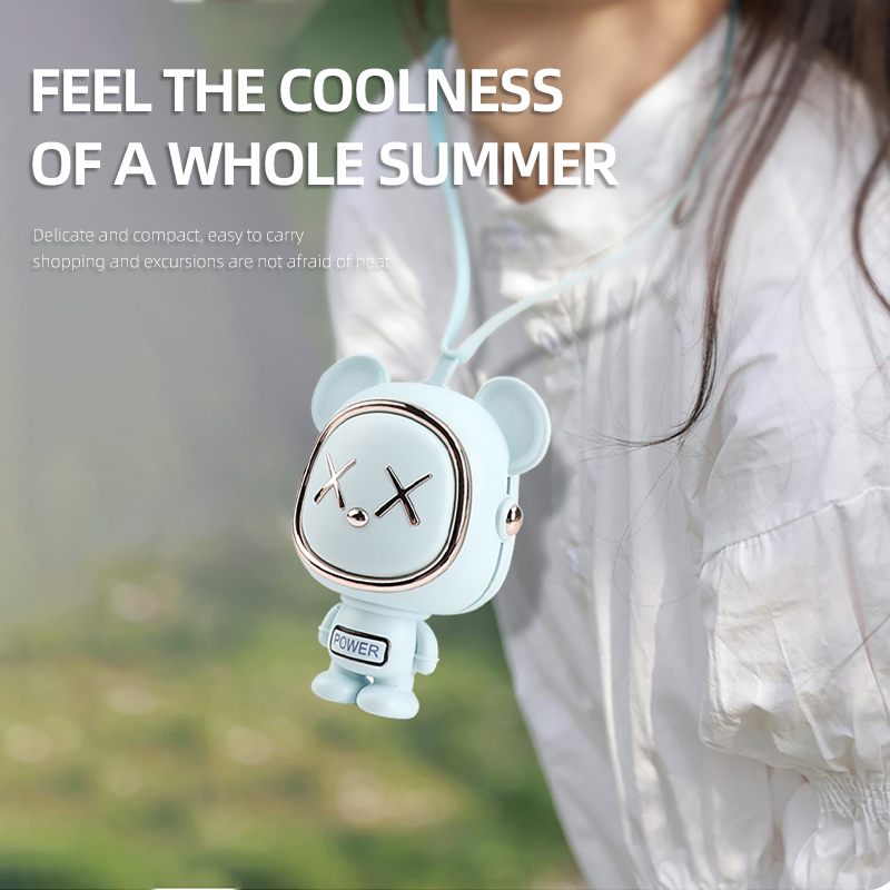 Spunky Add-ons Mini Hanging Necklace Fan 3 Speed Cute Cartoon Bear Desktop Fan Cooling Handheld Ventilator Outdoor Camping Travel