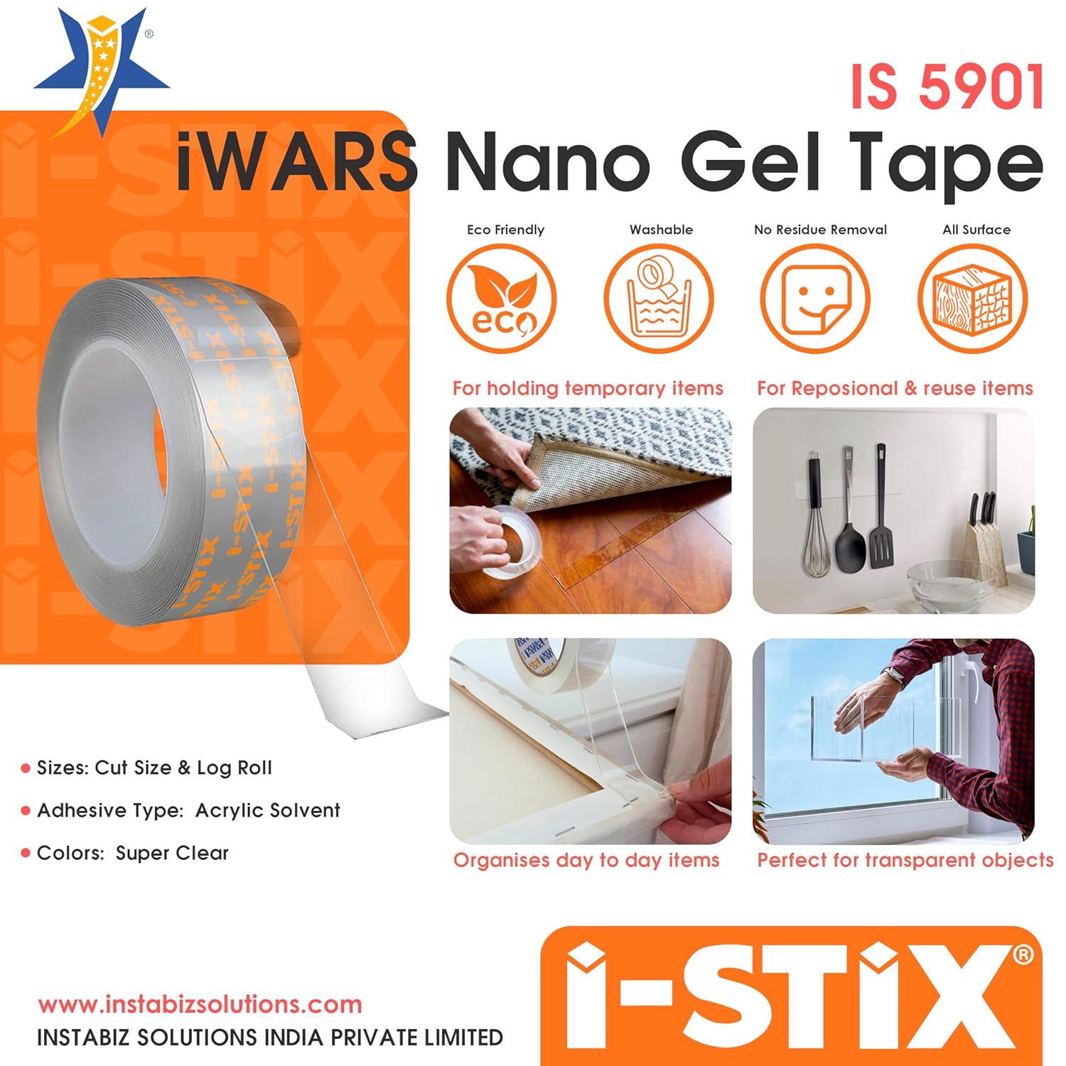 Waterproof Double Sided Nano Tech Gel Tape Multipurpose Use Washable Tape Double Sided Adhesive Tape for Home, Office, DIY Projects, Strong and Transparent, Washable and Reusable- 1" x 5" Mtr