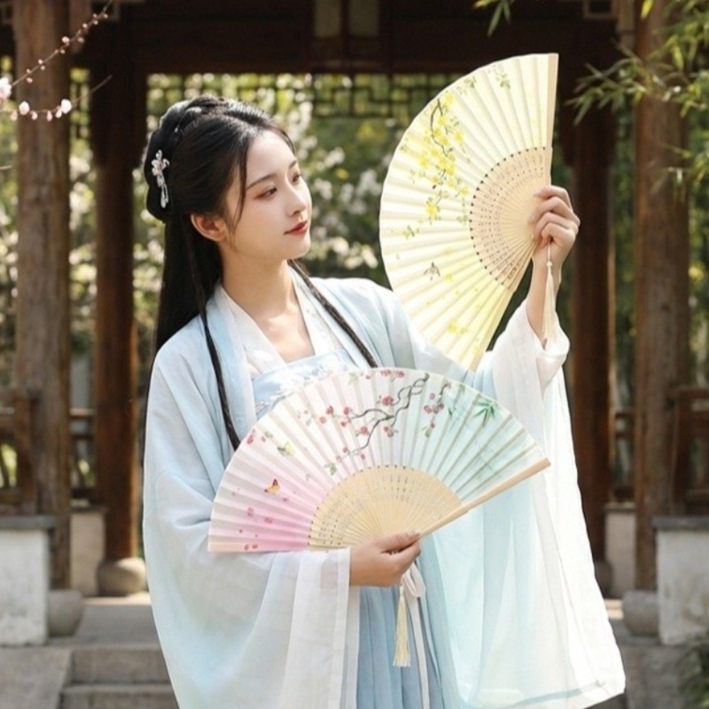 Portable Silk Chinese Japanese Folding Fan Bamboo Colorful Vintage Style Folding Fan Shank Classical Dance Fan Home Decoration