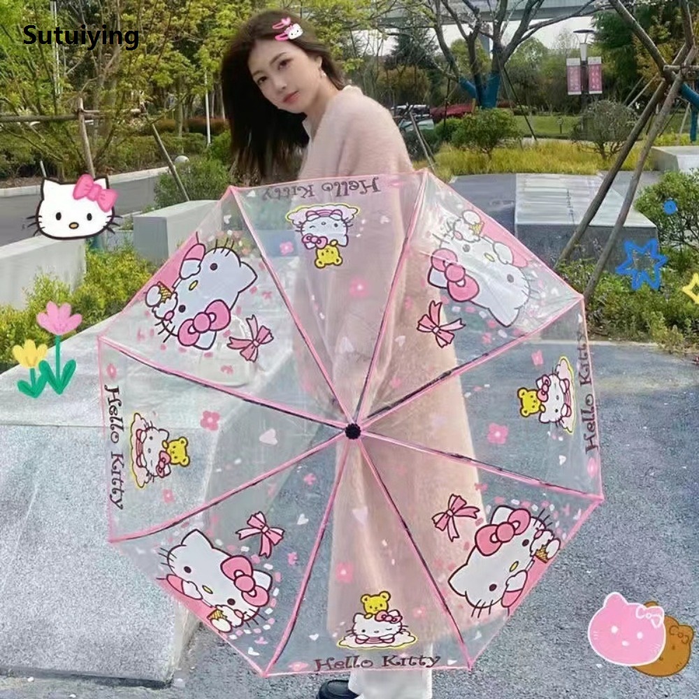 Sutuiying Sanrio Transparent Umbrella Kawaii Anime Hello Kitty Kuromi Melody 2025 New Cinnamoroll Automatic Umbrella Cute Cartoon Birthday Gifts