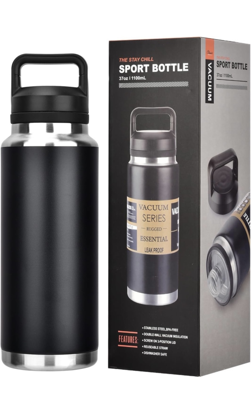 800ml/270Z Bottle and Vacuum Insulated Stainless Steel Metal Water Bottle with Chug Cap, Reusable Leak Proof BPA-Free Flask for Sports (Black, 800ml)