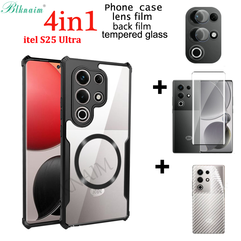 BLKNAIM (4-in-1) NEW For itel s25 ultra Case TPU Anti-fall Acrylic magnetism Mobile Phone case and Tempered glass for itel s25 ultra Carbon Fiber Back Film and Lens Film