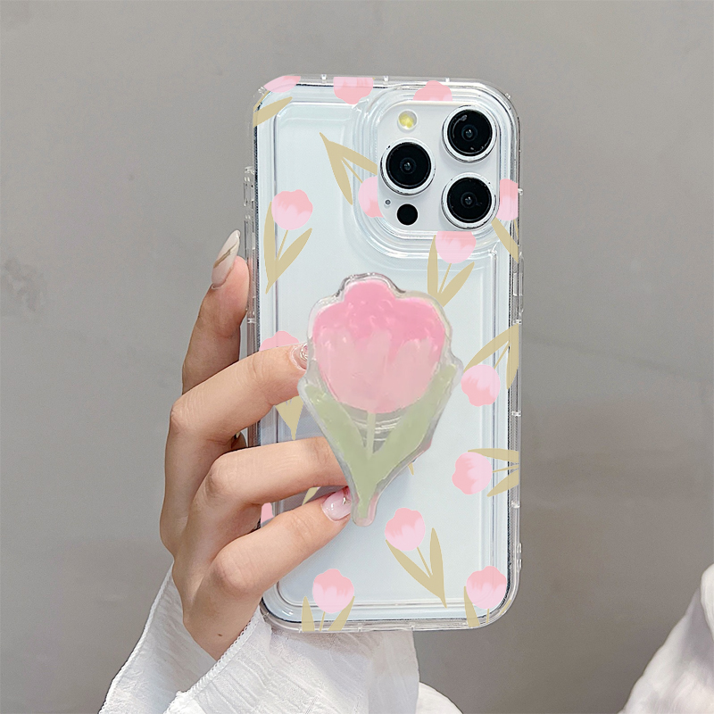 Tulip Grip Holder Phone Case For Xiaomi Mi 14 13 13T 12 11 Lite Mi 12T Pro Poco F5 X6 X3 Pro Flower Stand Clear Shockproof Cover