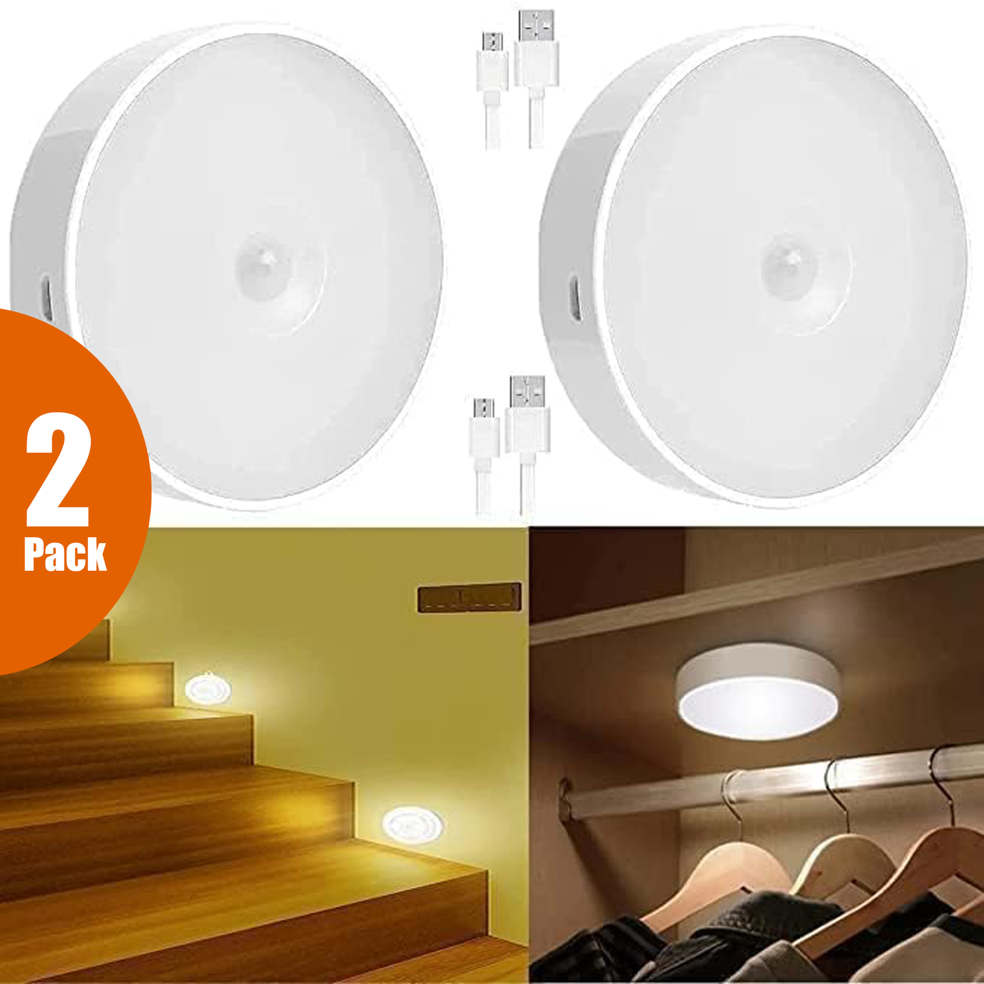 Motion Sensor LED Light (Pack of 2) | USB Rechargeable Wireless Night Light with Body Detection | Stick-On Lamp for Wardrobe, Stairs & Cupboard