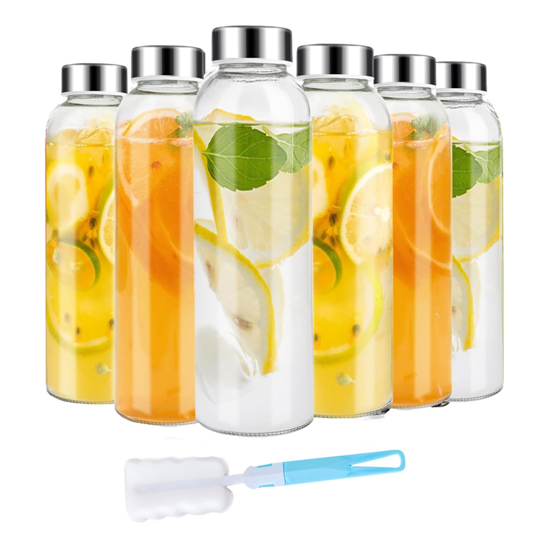 Glass Juice Bottles with Lids for Juicing 18 Oz, Reusable Clear Glass Water Bottles with Airtight Cap for Refrigerator