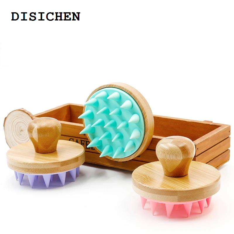 DISICHEN Affordable Silicone Scalp Hair Massager Head Scalp Massage Comb Bamboo Handle Multifunctional Bath Shower Shampoo Hair Washing Brush