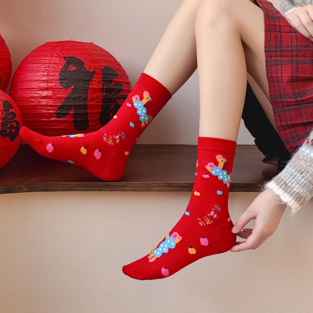 Cute Chinese Style Horse Red Socks Cartoon Hosiery New Year Red Socks Cotton Autumn Winter 2026 Spring Festival Socks Women